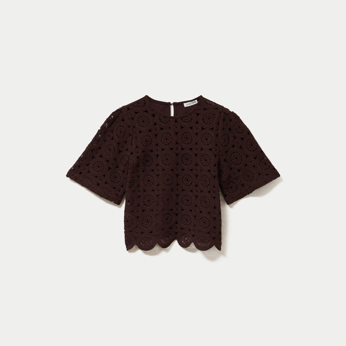 T-shirt macram&eacute; col rond marron fonc&eacute; femme