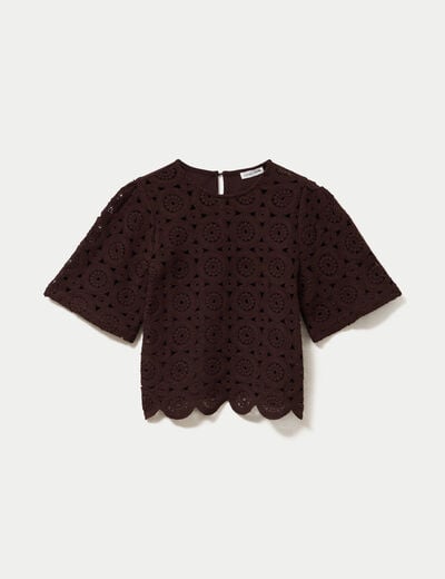 T-shirt macram&eacute; col rond marron fonc&eacute; femme
