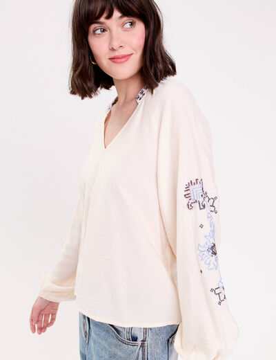 Blouse oversize col v manches longues ecru femme