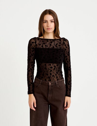 Body cintr&eacute; manches longues col bateau noir femme
