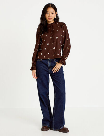 Chemise droite broderie manches longues marron fonc&eacute; femme
