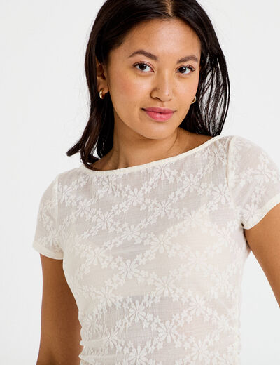 T-shirt ajust&eacute; dentelle col bateau ecru femme