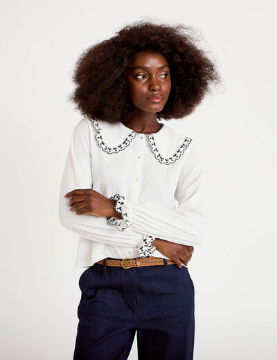 Blouse broderie manches longues ecru femme