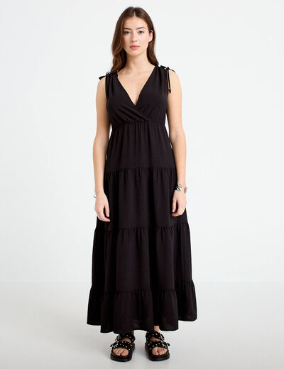 Robe longue &eacute;vas&eacute;e col V noir femme