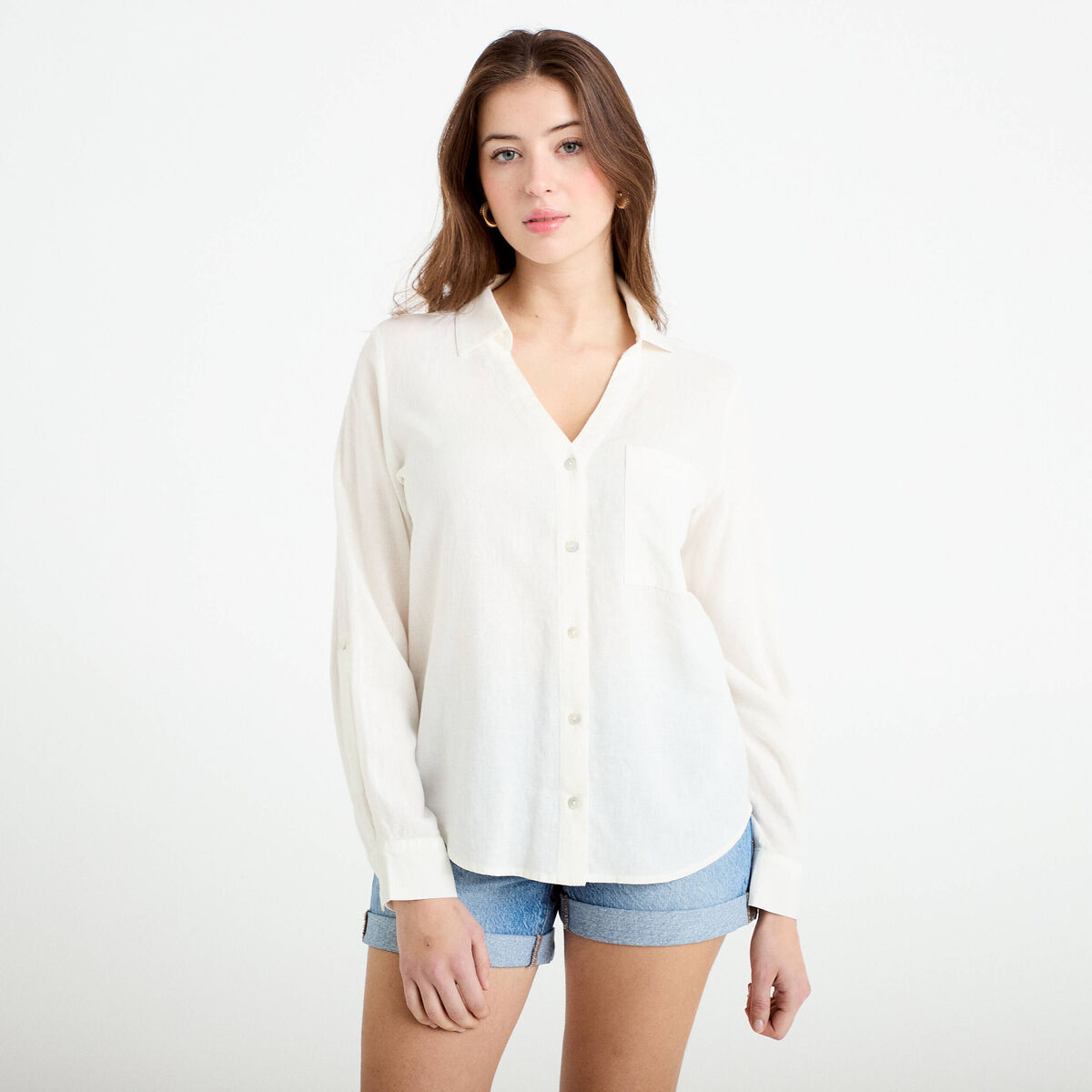 Chemise lin col V manches longues ecru femme