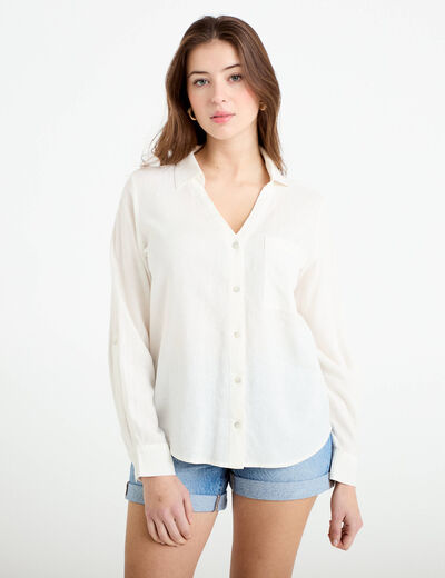 Chemise lin col V manches longues ecru femme
