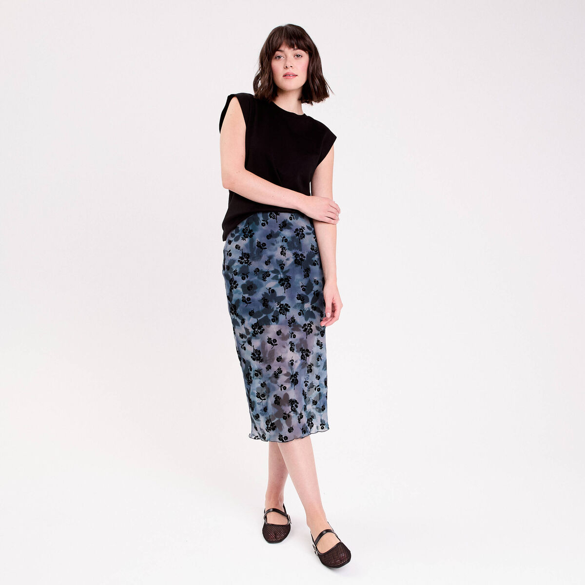 Jupe droite longue doubl&eacute;e polyester gris femme