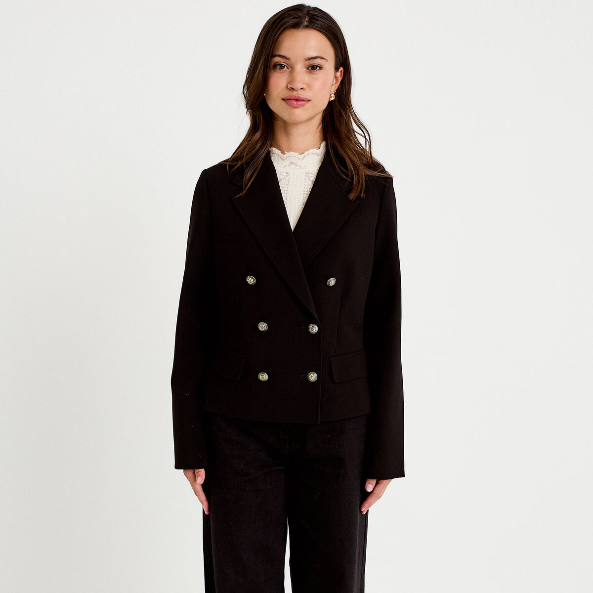 Veste droite sans manches col tailleur noir femme