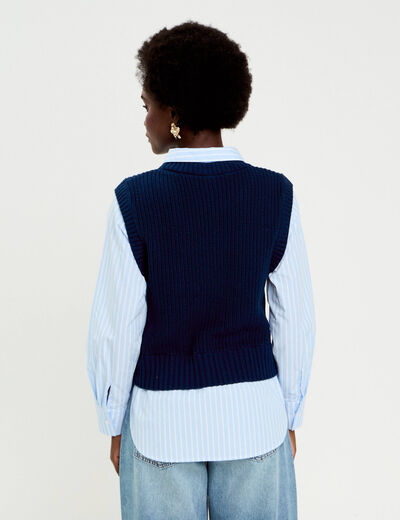 Pull chemise 2-en-1 bleu marine femme