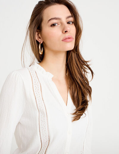 Blouse broderie col V manches longues ecru femme