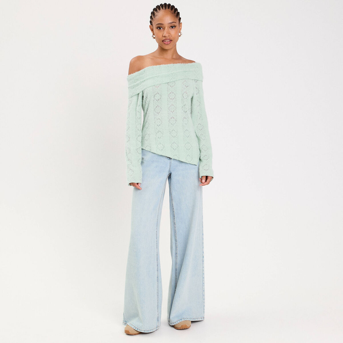 Pull cintr&eacute; ajour&eacute; manches longues vert clair femme