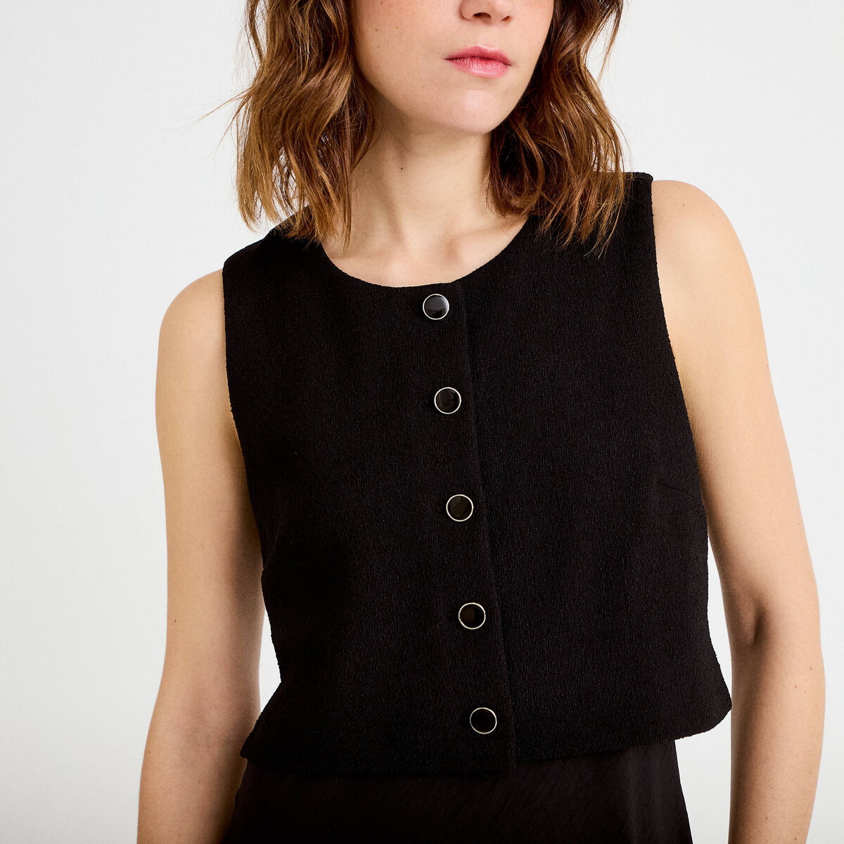 Robe bi-mati&egrave;re droite sans manches noir femme