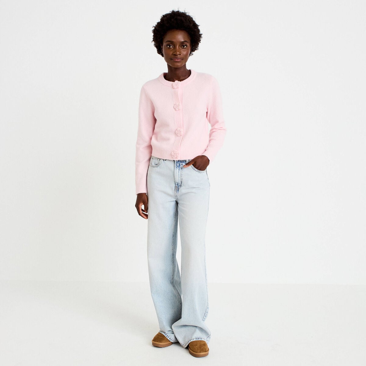 Gilet manches longues col rond rose clair femme