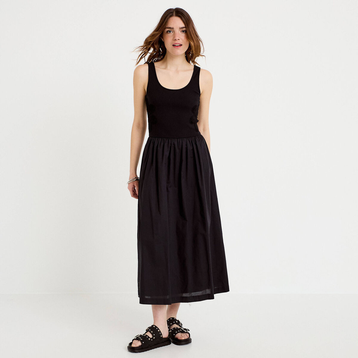 Robe longue &eacute;vas&eacute;e bi-mati&egrave;re noir femme