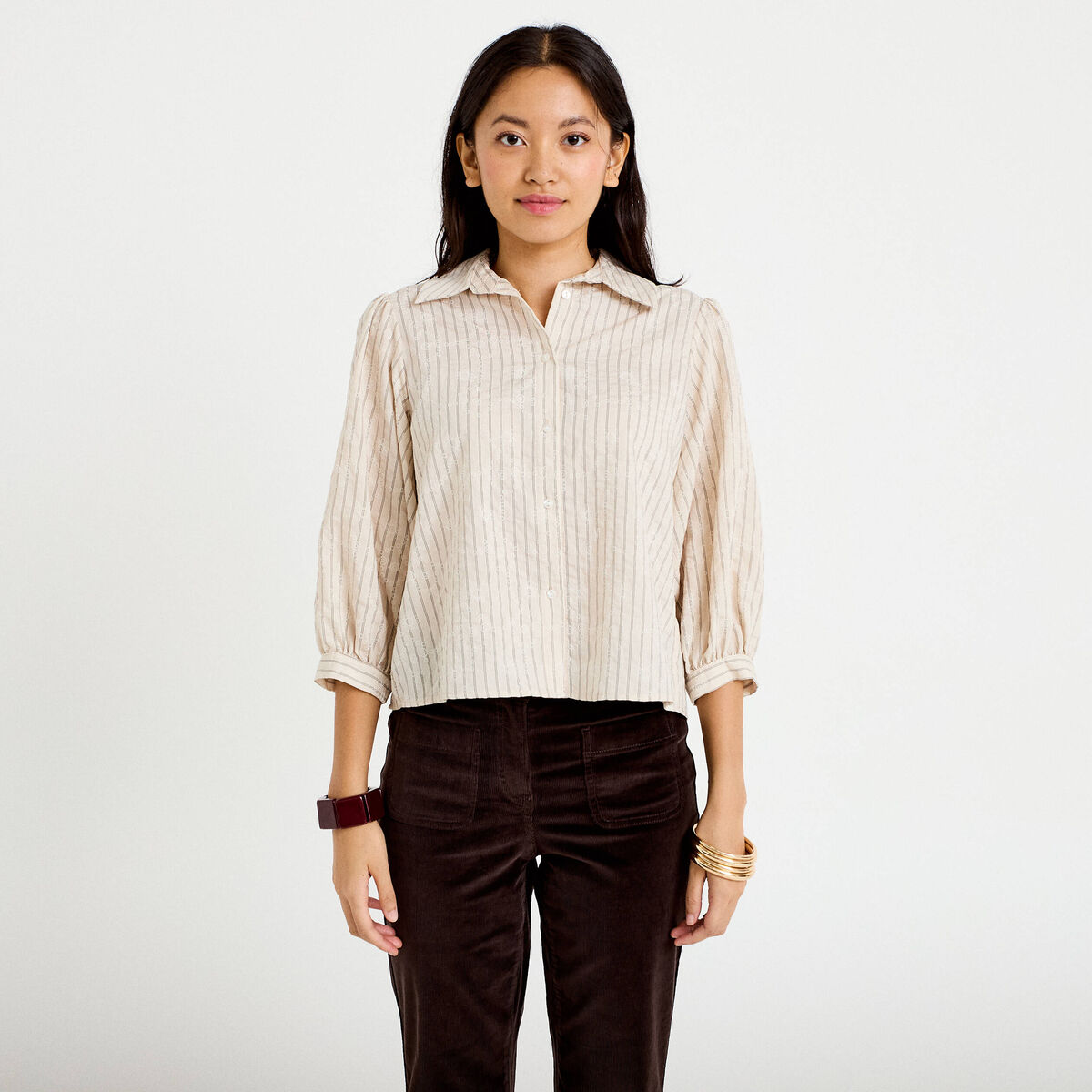 Chemise droite col classique manches 3/4 blanc femme