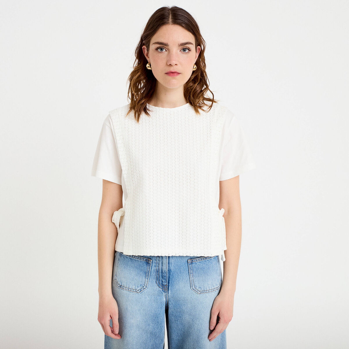 T-shirt 2-en-1 col rond manches courtes ecru femme