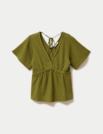 Blouse pliss&eacute;e col v manches courtes vert kaki femme