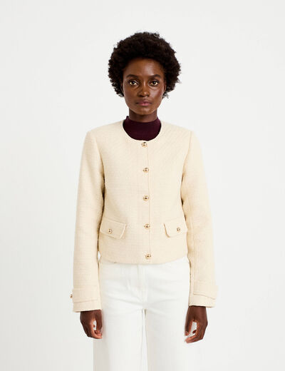 Veste tweed cintr&eacute;e col mao ecru femme
