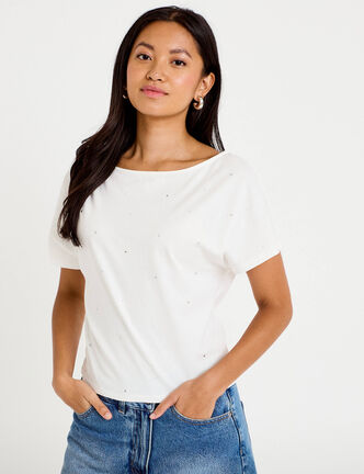 T-shirt col bateau manches courtes ecru femme