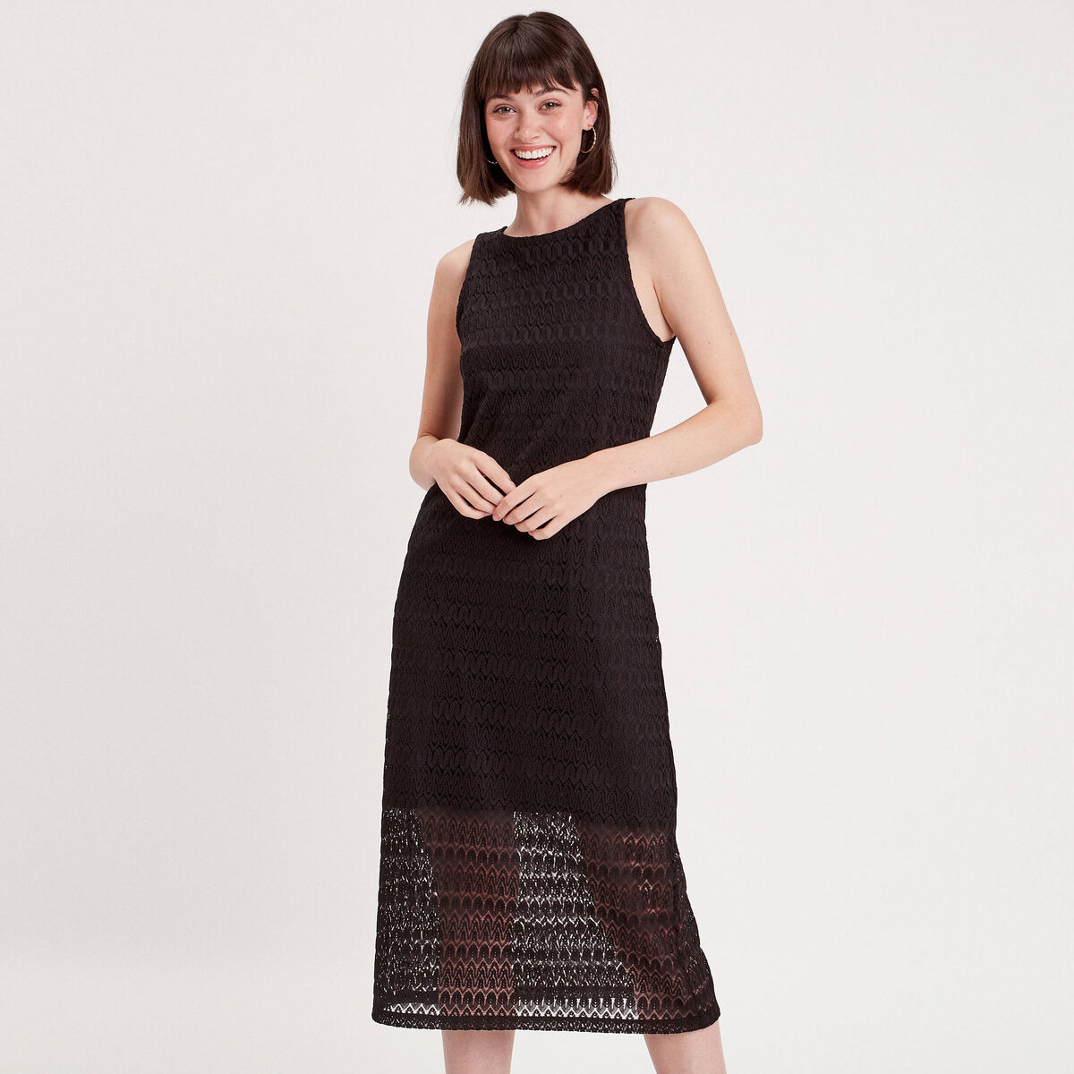Robe longue droite ajour&eacute;e noir femme
