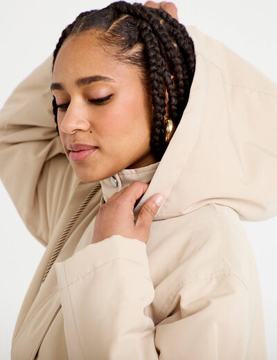 Parka courte &agrave; capuche manches longues beige femme