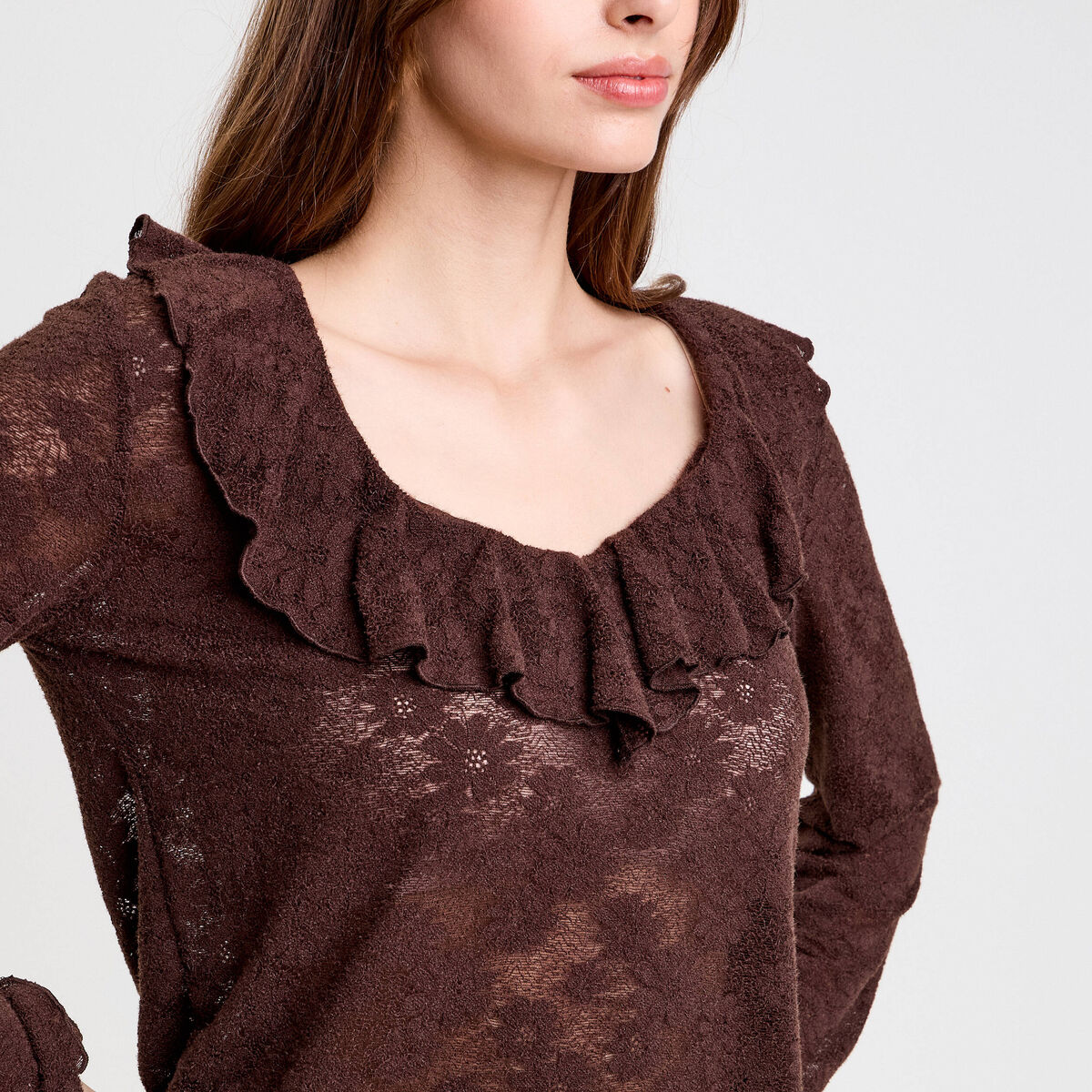 Blouse ajour&eacute;e manches longues marron fonc&eacute; femme