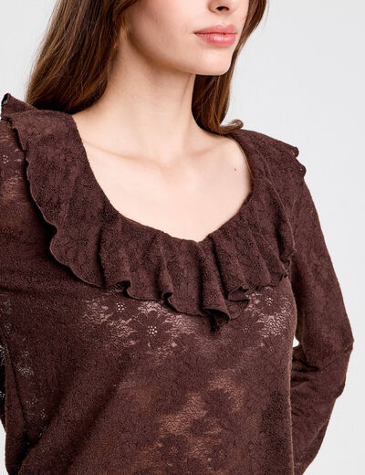 Blouse ajour&eacute;e manches longues marron fonc&eacute; femme
