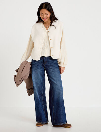 Blouse ample pliss&eacute;e manches longues ecru femme