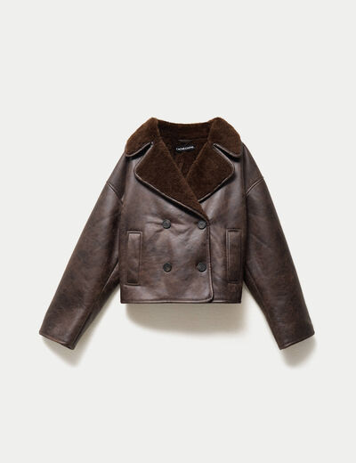 Caban cropped droit col tailleur marron fonc&eacute; femme
