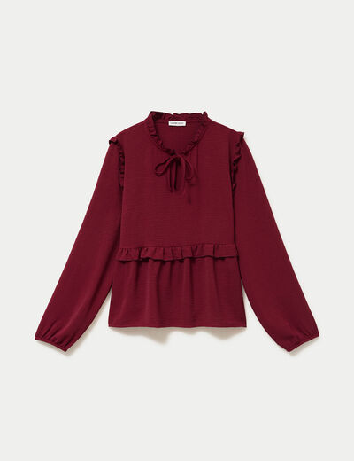 Blouse ample col montant manches longues rouge fonc&eacute; femme