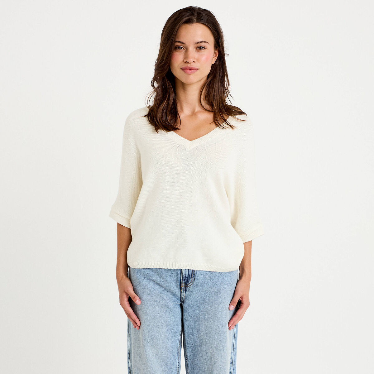 Pull ample col v manches courtes blanc femme
