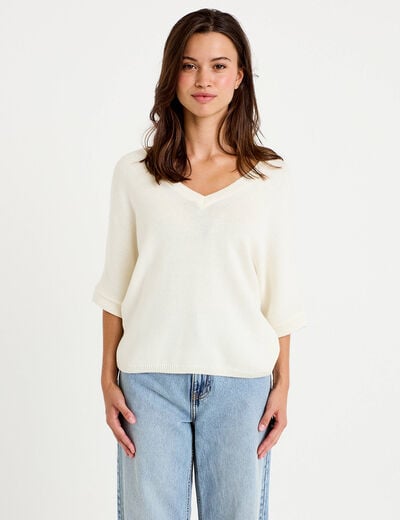 Pull ample col v manches courtes blanc femme