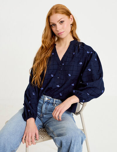 Blouse avec broderie bleu fonc&eacute; femme