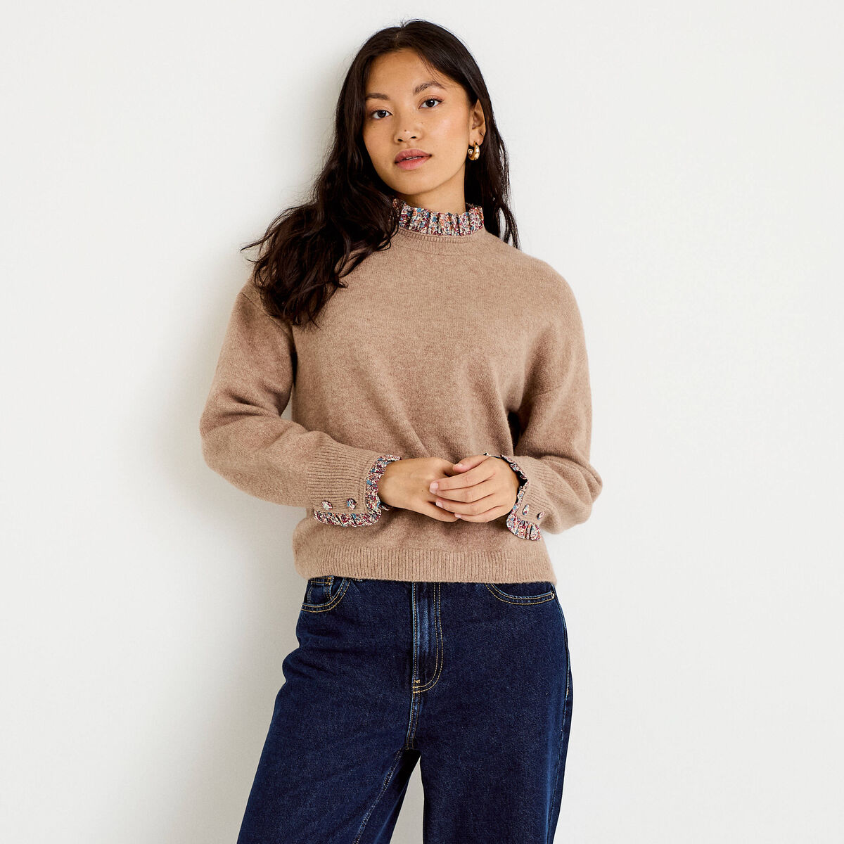 Pull col rond manches longues beige femme