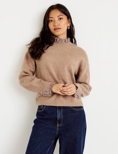 Pull col rond manches longues beige femme