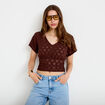 T-shirt ajour&eacute; col v manches courtes marron femme