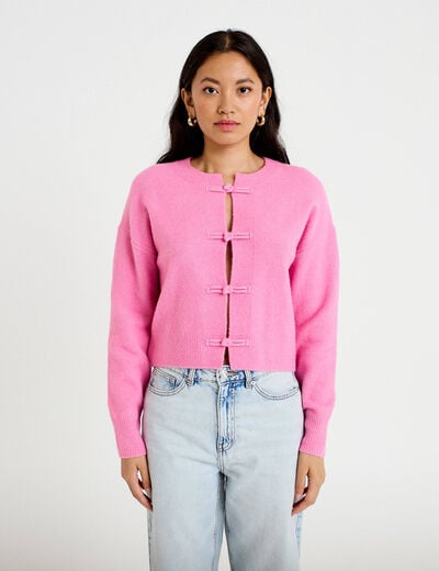 Gilet col rond manches longues avec lien rose clair femme