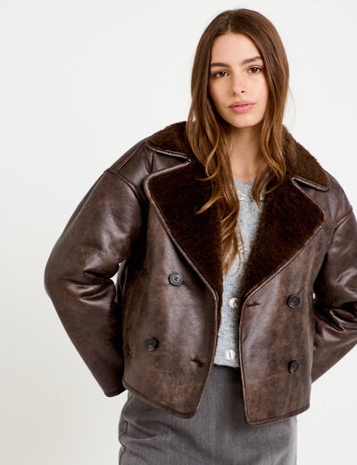 Caban cropped droit col tailleur marron fonc&eacute; femme
