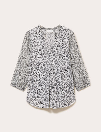 Blouse col v manches 3/4 blanc femme