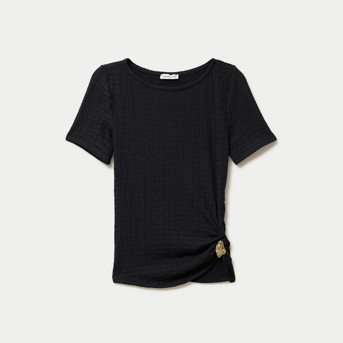 T-shirt col rond manches courtes bijou noir femme
