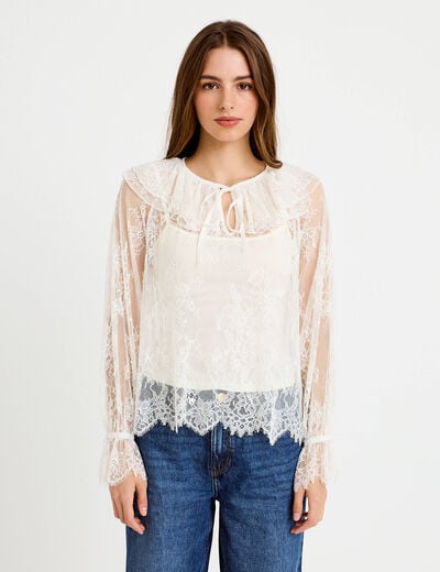 Blouse manches longues en dentelle ecru femme