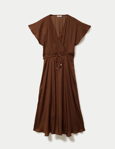 Robe longue &eacute;vas&eacute;e col v satin&eacute;e marron femme