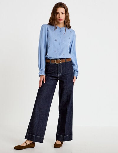 Blouse droite courte broderie bleu femme