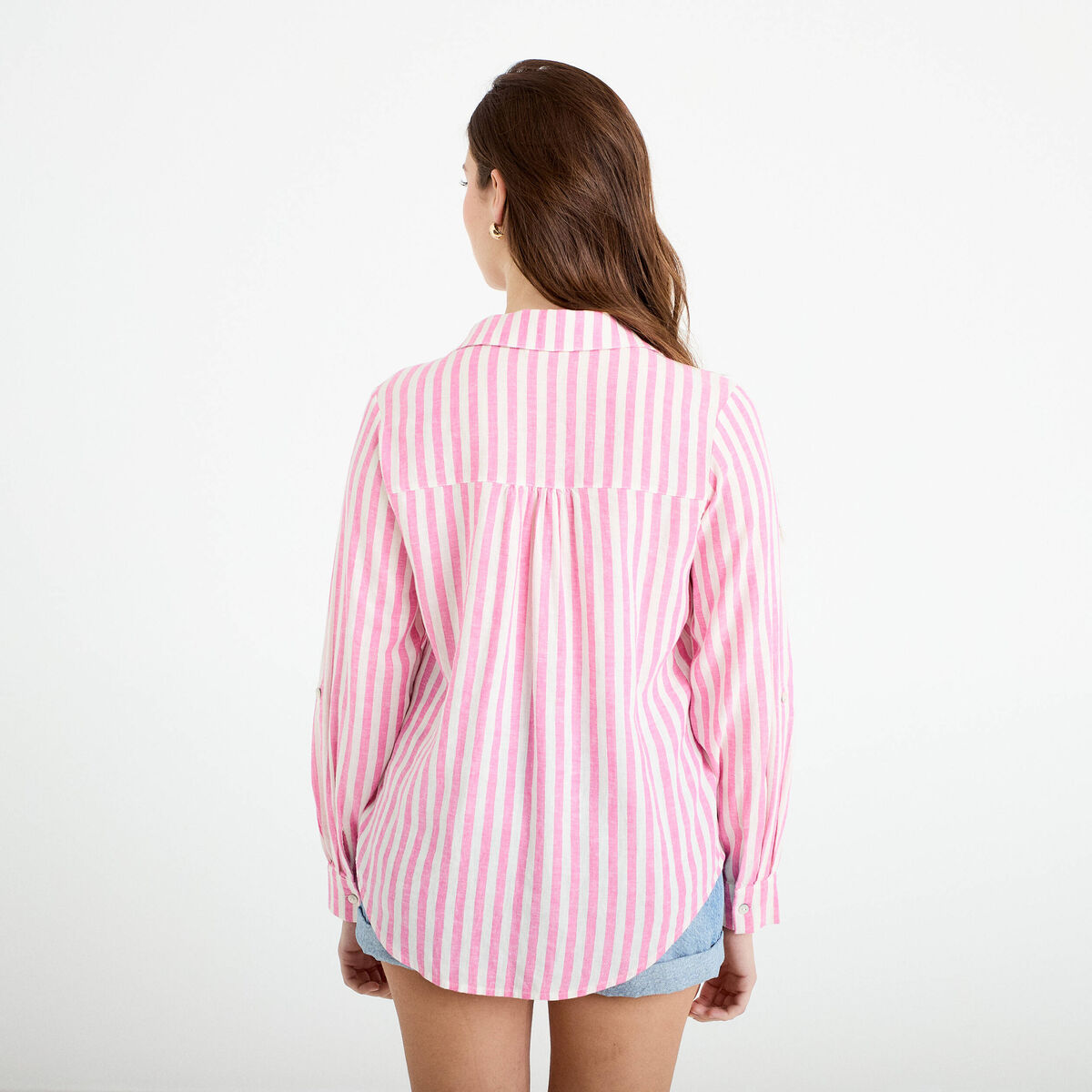 Chemise lin col V manches longues rose femme