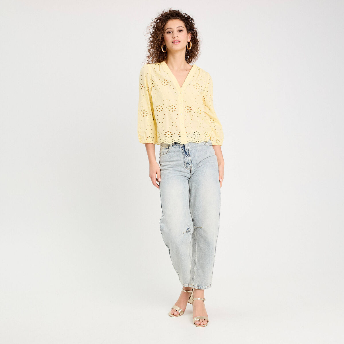 Blouse broderie anglaise jaune clair femme