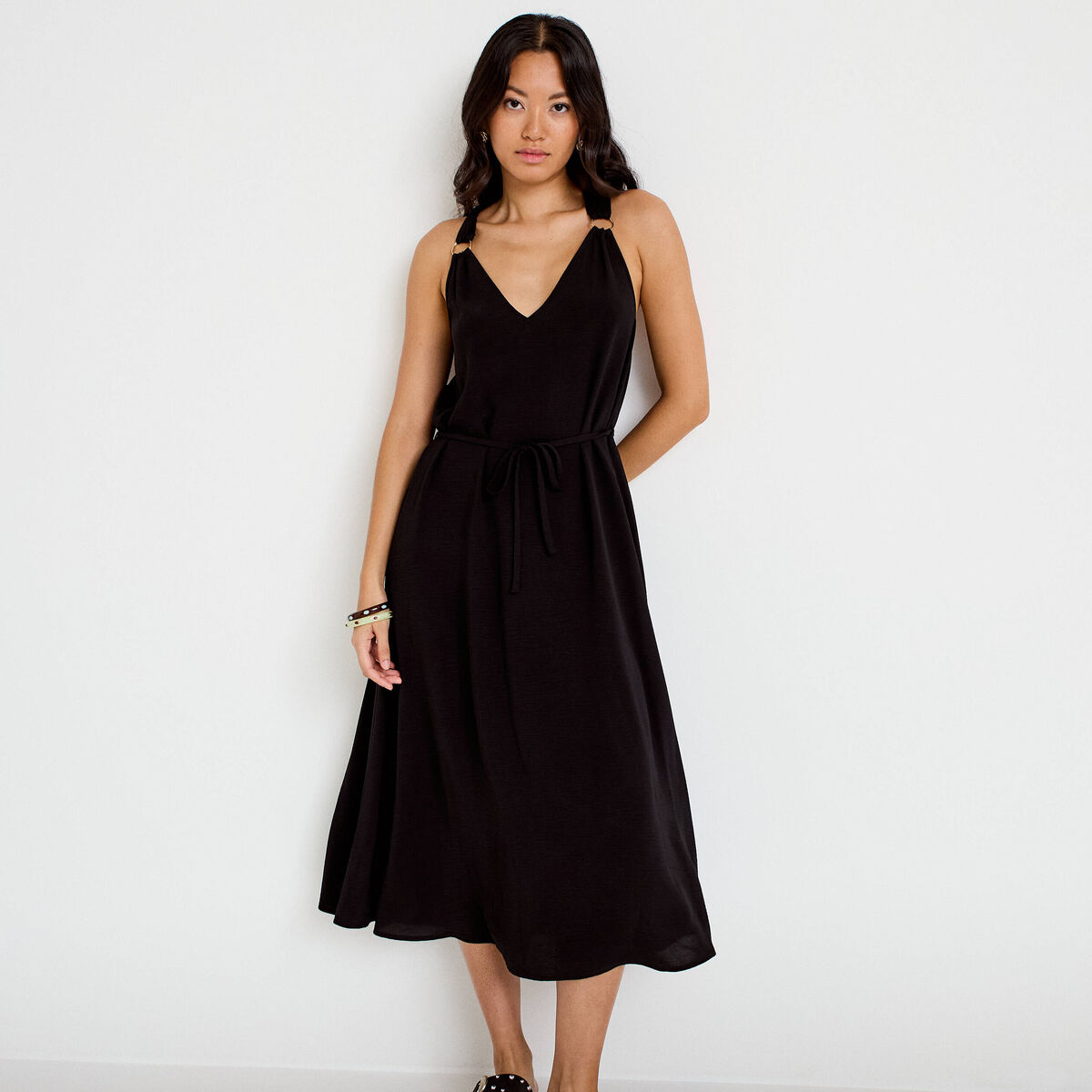 Robe longue droite col v bretelles fines noir femme