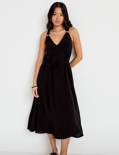 Robe longue droite col v bretelles fines noir femme