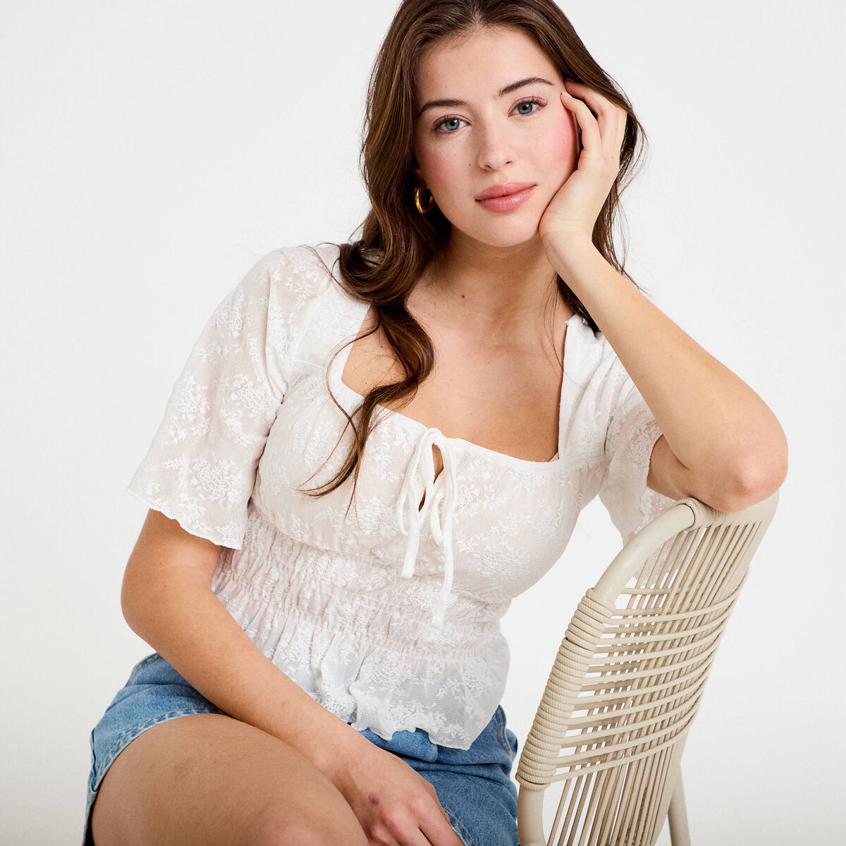 Blouse cintr&eacute;e col carr&eacute; dentelle ecru femme
