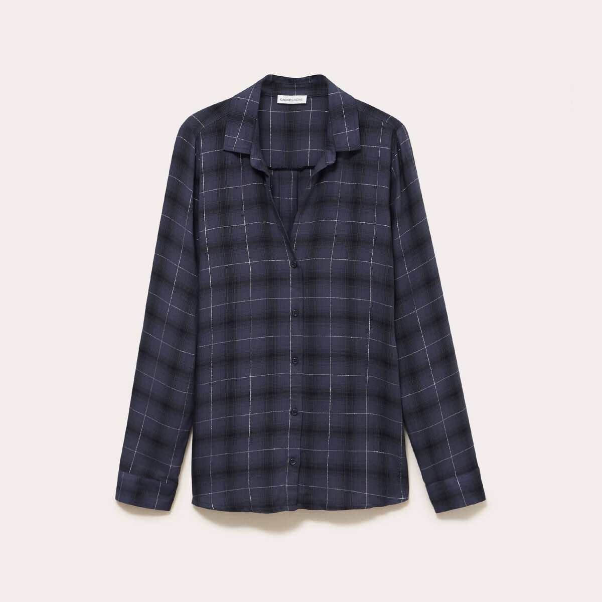 Chemise &agrave; carreaux fils m&eacute;tallis&eacute;s bleu fonc&eacute; femme