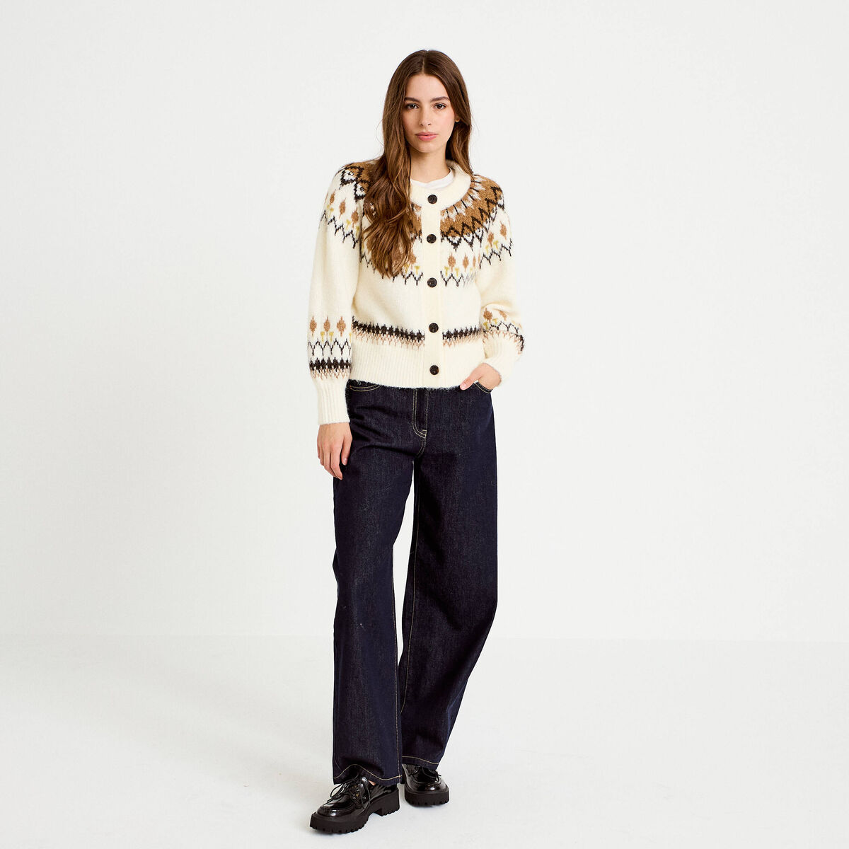 Gilet col rond manches longues ivoire femme